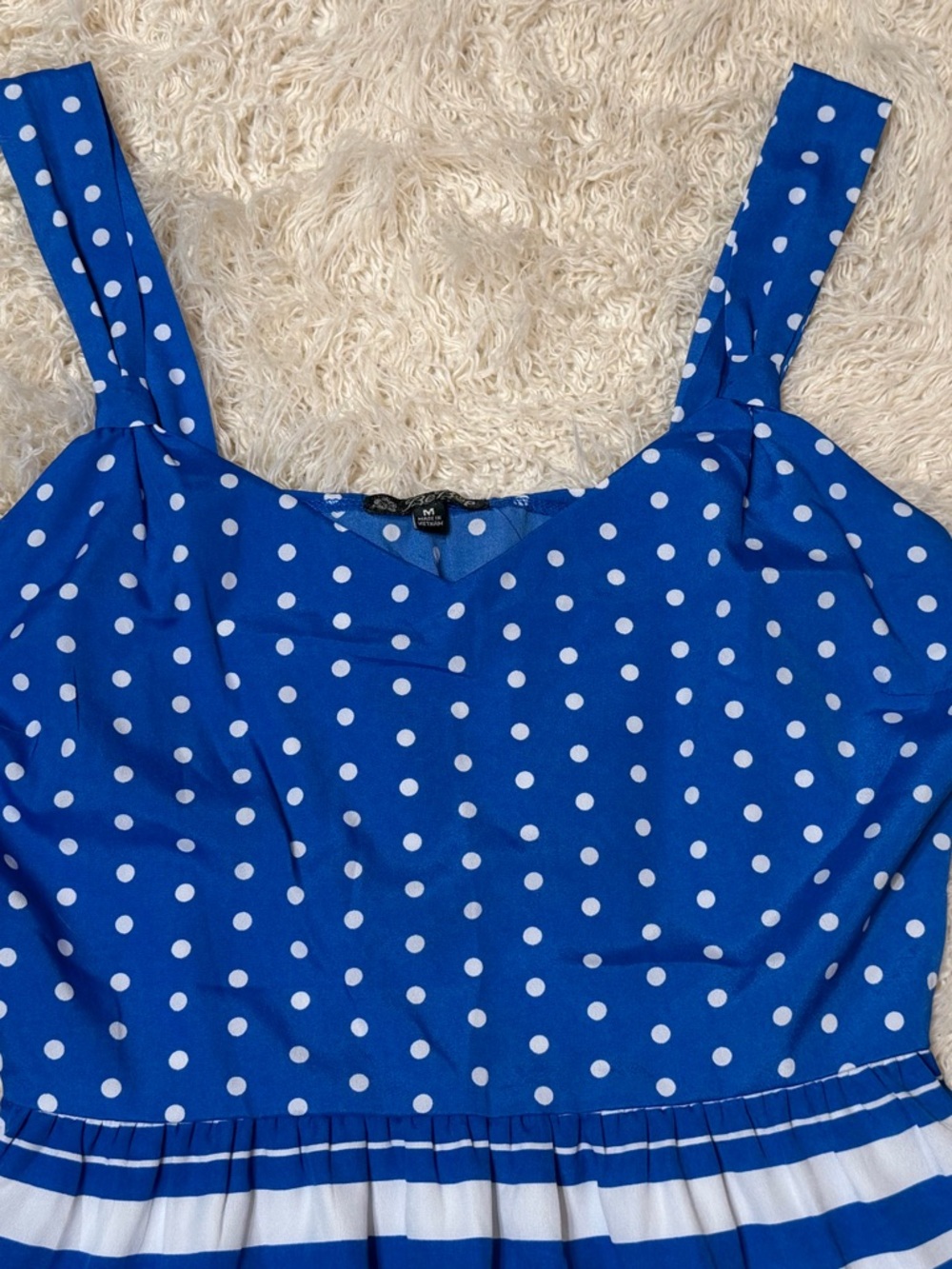 NWOT Women’s medium Bebop Blue Polka Dot & Stripe Dress - Picture 2 of 7